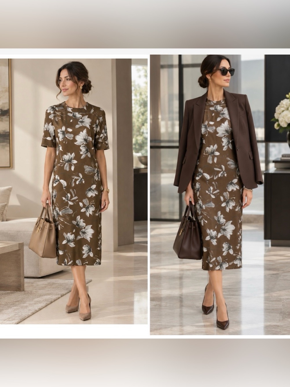 Brunello Cucinelli Dress 100% Silk Brown Gray Large Floral Pockets Fall Neutral